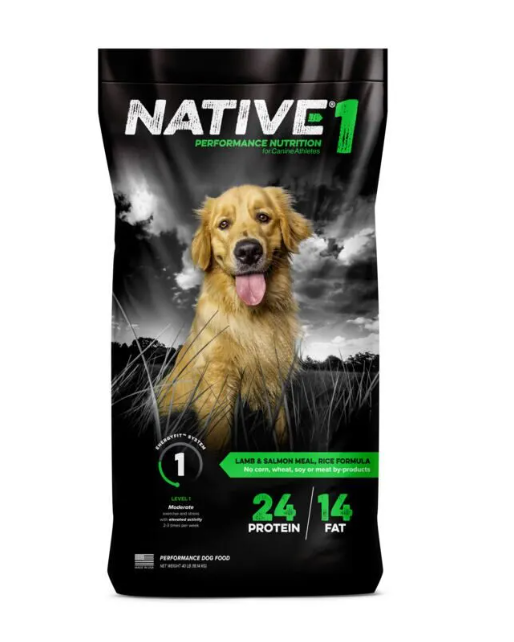 Dog food package with a golden retriever on a black background, featuring the brand 'Native 1'.