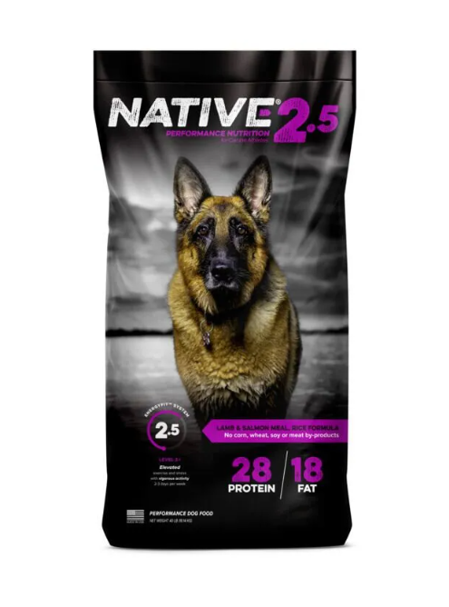 Bag of Native 2.5 dog food with a German Shepherd on a white background