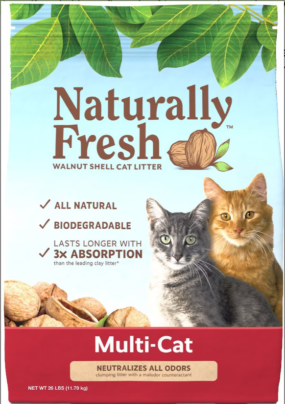 Bag of Naturally Fresh brand cat litter with images of two cats, walnuts, and leaves.