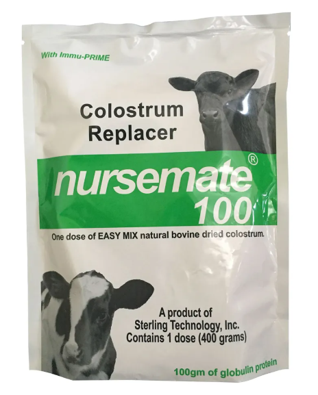 Package of Nursemate 100 Colostrum Replacer with cow images on a white background