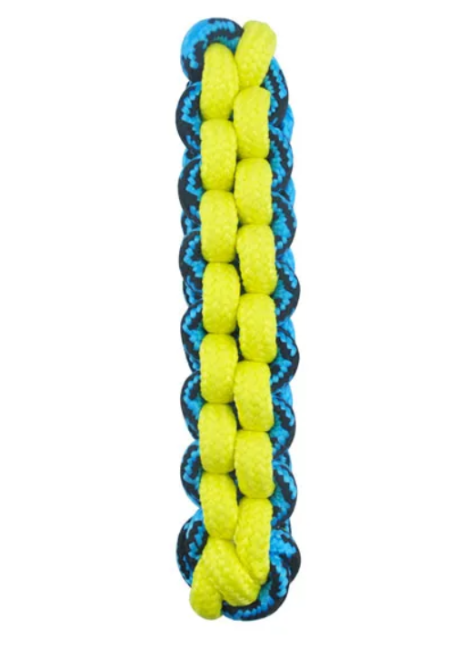 Dog toy with blue and yellow braided rope on a white background