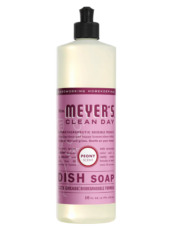 Meyer's Clean Day dish soap bottle with pink label on a white background