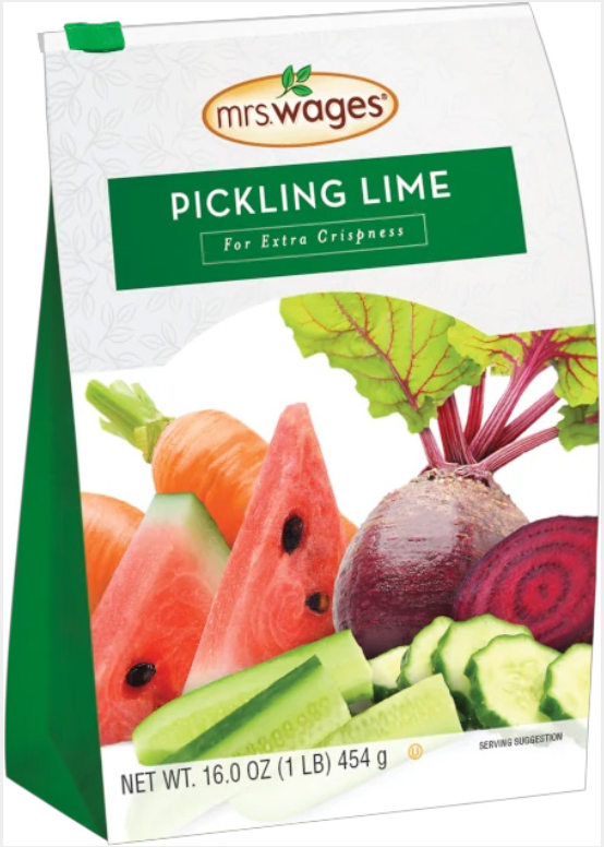 Bag of Mrs. Wages pickling lime on a white background.