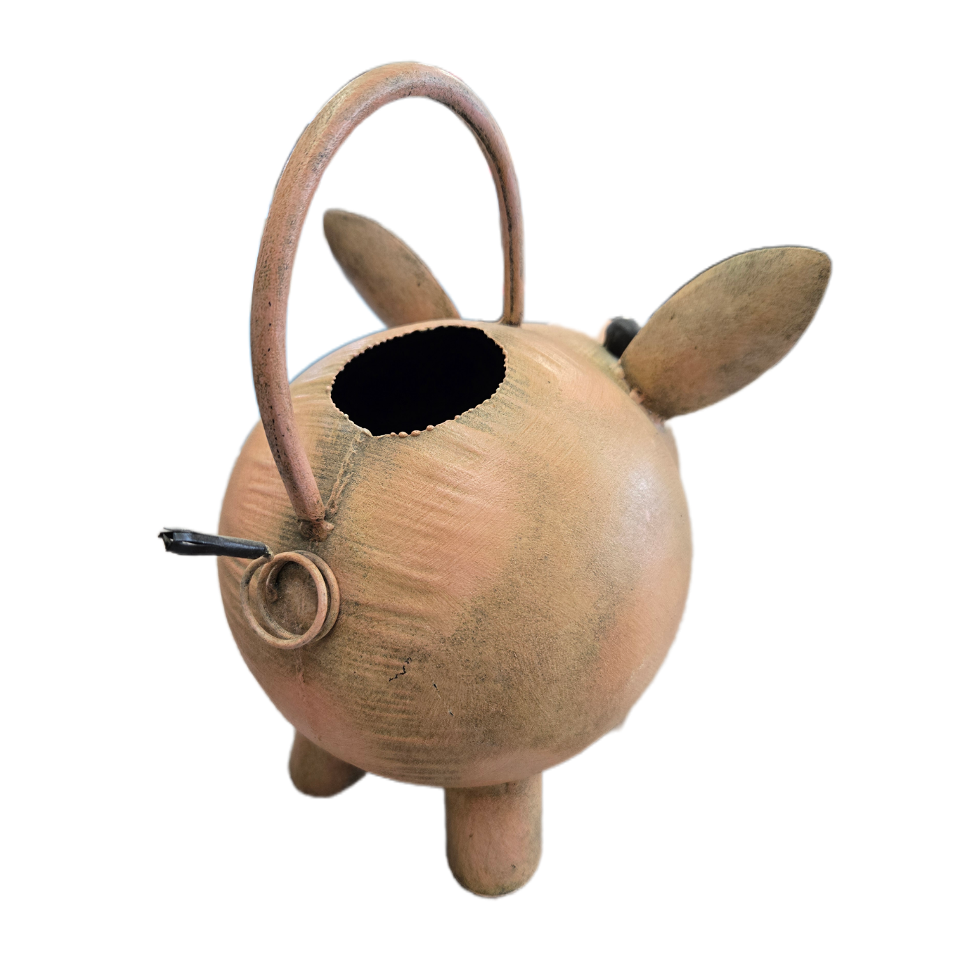 Backside of a pig shaped watering can on a white background.