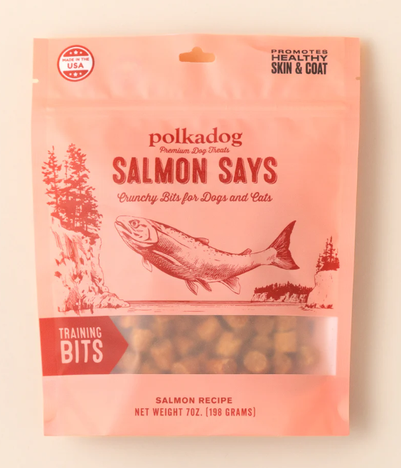 Package of Polkadog Salmon Says Crunchy Bites for dogs and cats on a light beige background