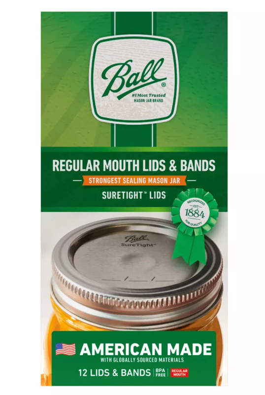 Box of Ball brand regular mouth canning jar lids & bands, on a white background.