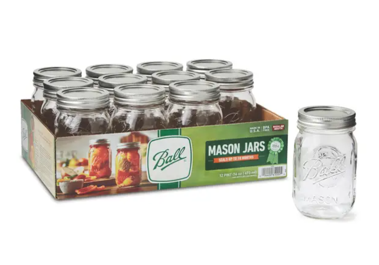 Box of 12 Ball Regular Mouth Pint size Mason Jars on a white background.