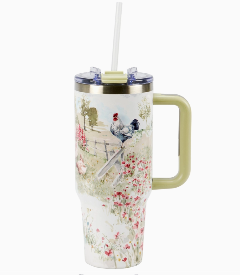 Travel mug with farm scene and rooster, on a white background.