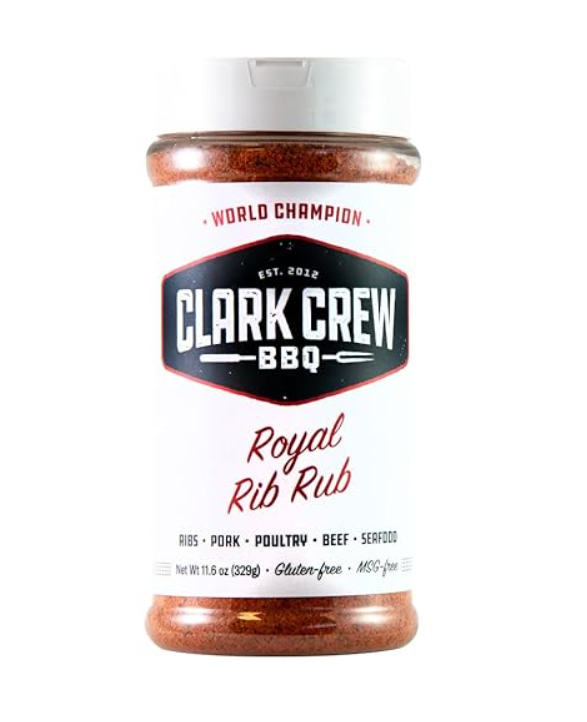 Bottle of Clark Crew BBQ Royal Rib Rub seasoning on a white background