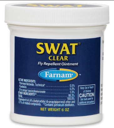 Container of SWAT Clear Fly Repellent Ointment by Farnam on a white background