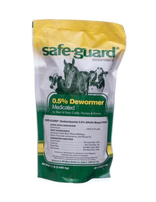 Bag of Safe-Guard dewormer pellets on a white background.