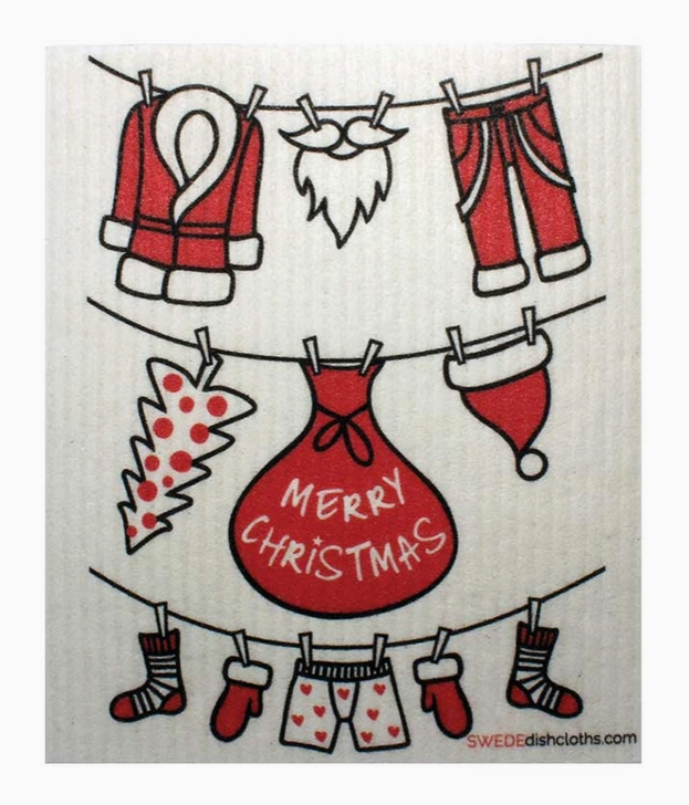 Christmas-themed dishcloth with Santa Claus elements and 'Merry Christmas' text.
