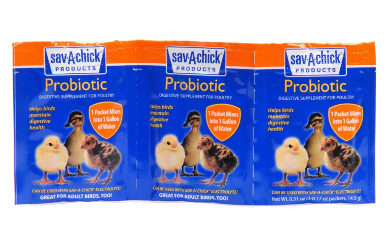 Three packages of Sav-A-Chick Probiotic for poultry on a white background