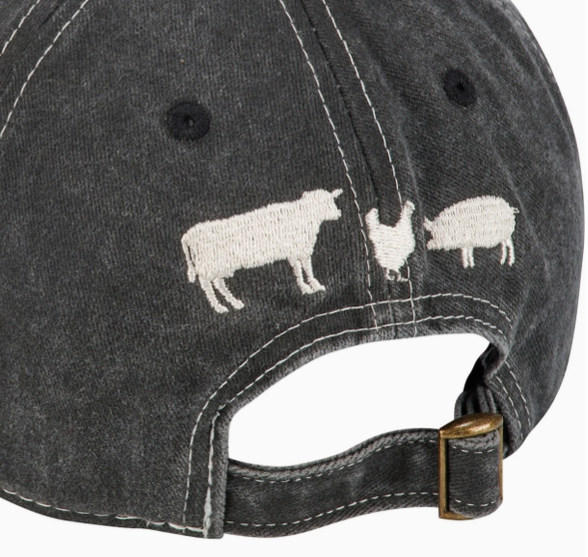 Back of a gray baseball hat with a cow, chicken, and pig embroidered, on a white background.