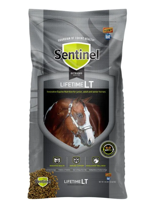 Sentinel Lifetime LT horse supplement package with a horse on the label.