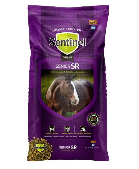 Purple package of Sentinel Senior SR horse feed with a horse image on a white background