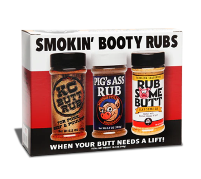 Gift box set of three bbq rubs on a white background.