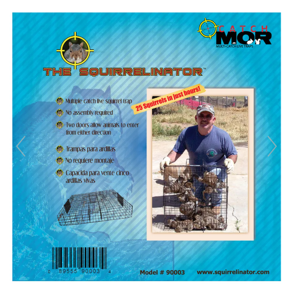 Product packaging for 'The Squirrelinator' with a man holding a trap and product details on a blue background.