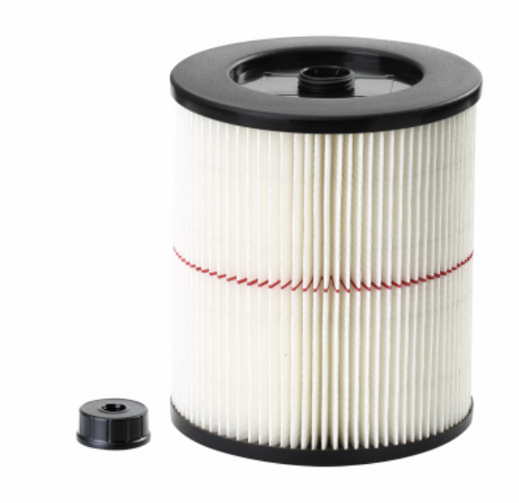 Vacuum air filter with black top and bottom on a white background