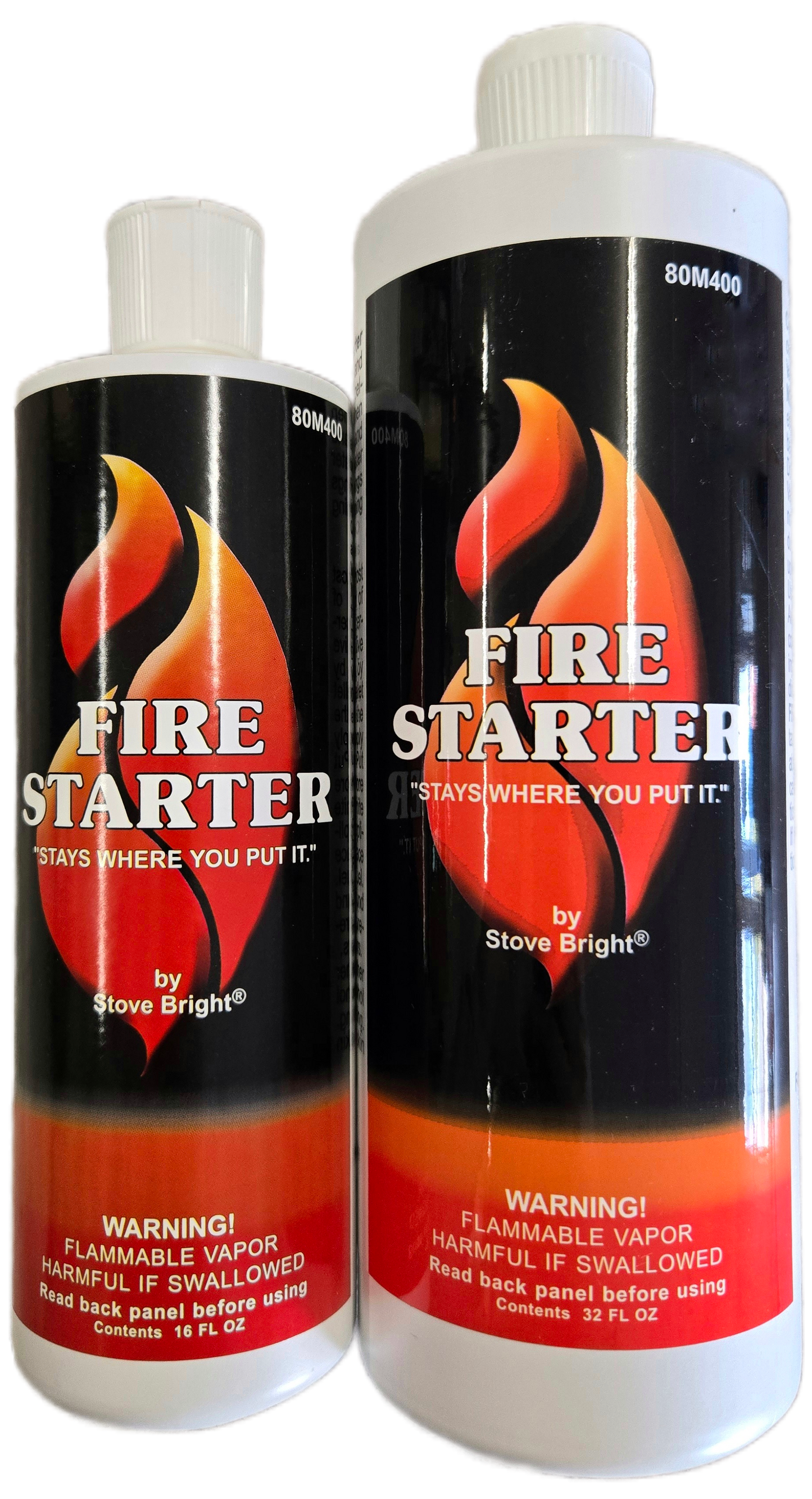 Two bottles of Stove Bright Fire Starter on a white background
