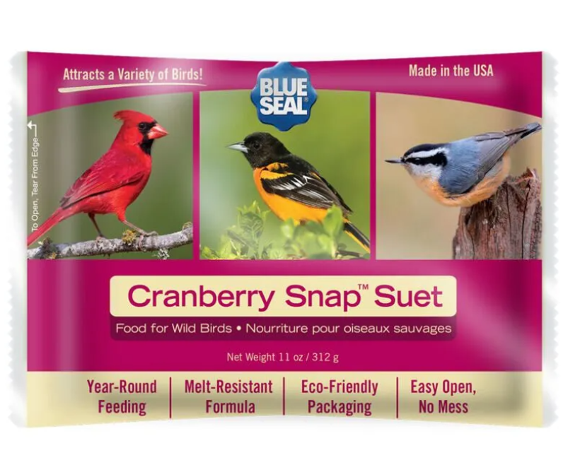 Blue Seal Cranberry Snap Suet packaging with images of birds and text about product features.
