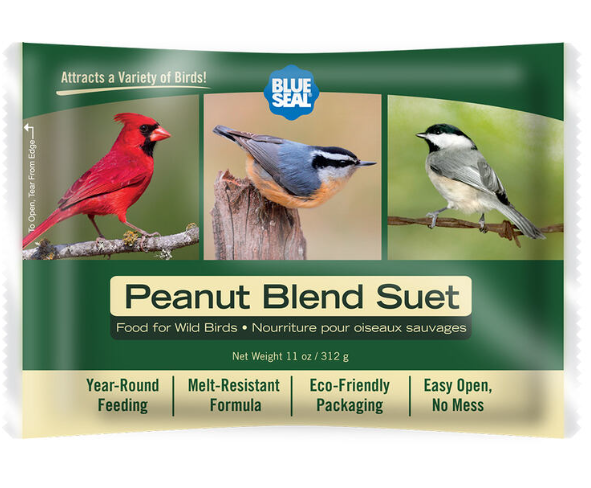 Package of Blue Seal Peanut Blend Suet with images of birds and text about the product.