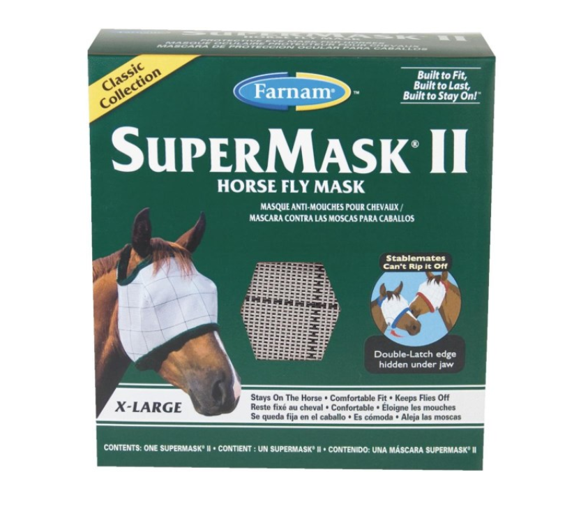 Box of Farnam SuperMask II Horse Fly Mask with a horse wearing the mask on a green background