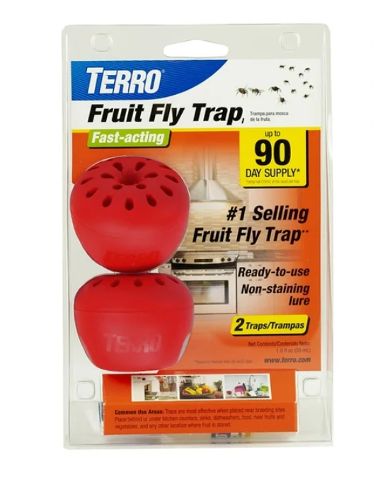 Terro Fruit Fly Trap packaging with two red traps on a white background