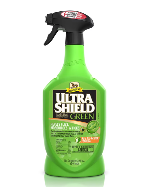 Green spray bottle labeled 'Ultra Shield Natural Green' on a white background