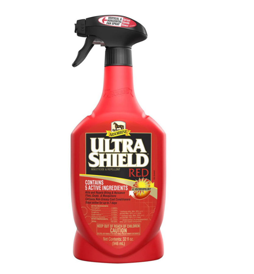Red spray bottle labeled 'Ultra Shield Red' on a white background