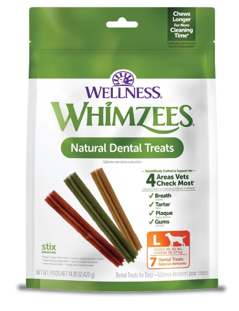 Package of Wellness Whimzees natural dental treats for dogs on a white background