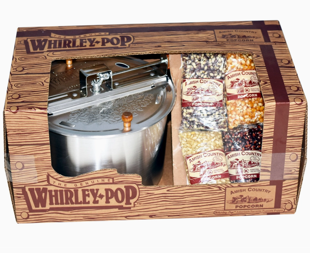 Whirley-Pop popcorn maker set with Amish Country popcorn in packaging