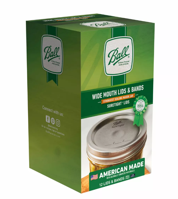 Box of Ball brand wide mouth mason jar lids & bands, on a white background.