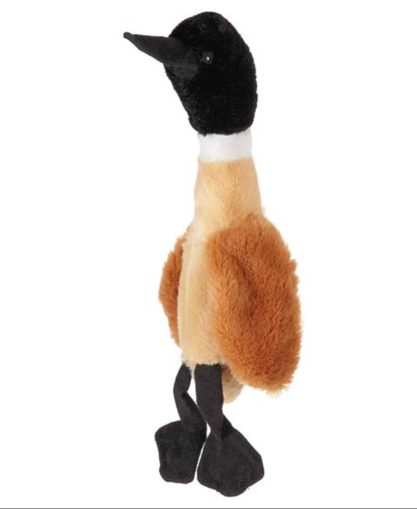 Plush toy duck with black head and brown body on a white background