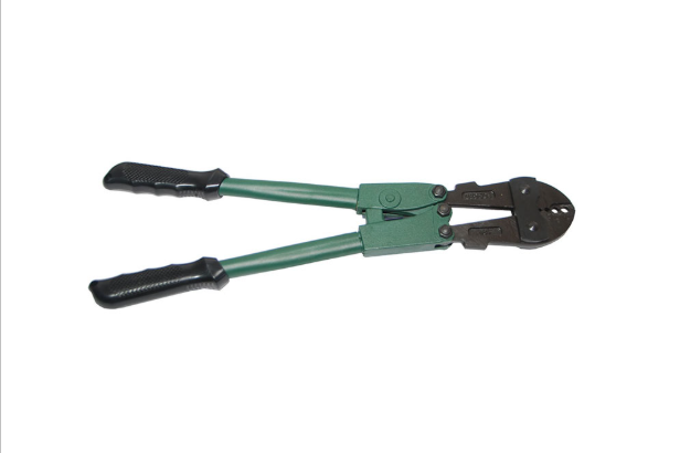 Green wire crimper with black handles on a white background