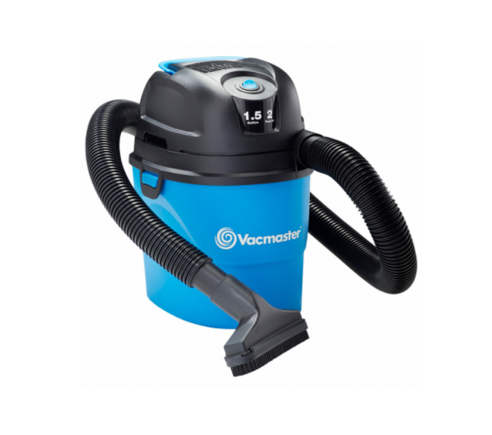 Blue and black vacuum cleaner with hose on a white background