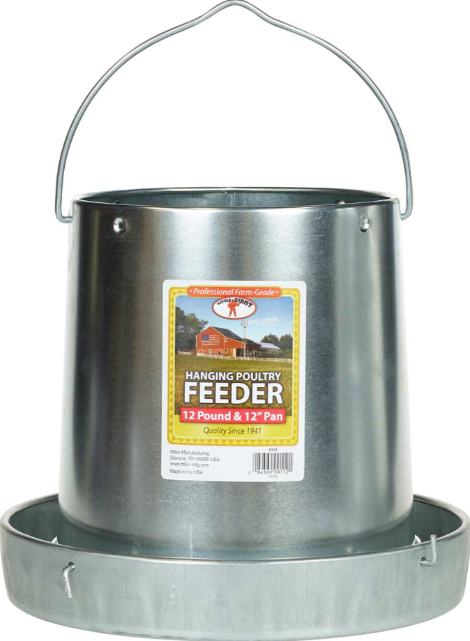 Metal hanging poultry feeder with a label on a white background
