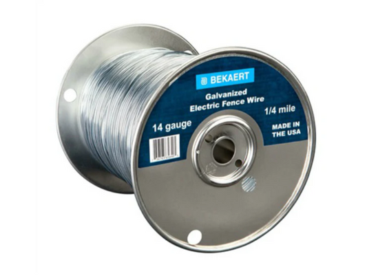 Spool of Bekaert galvanized electric fence wire on a white background