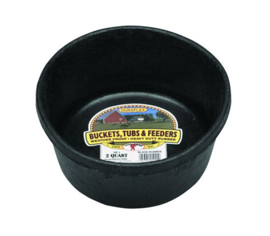 Black rubber feed pan with a label on a white background