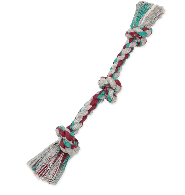Multicolored braided rope toy on a white background