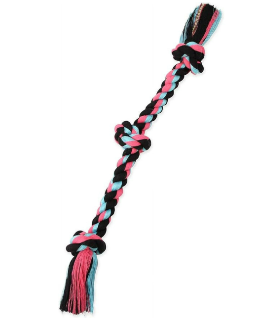 Dog toy with braided design and tassel on a white background