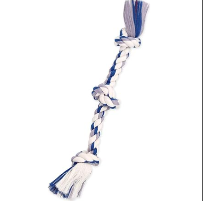 Blue and white braided rope toy on a white background