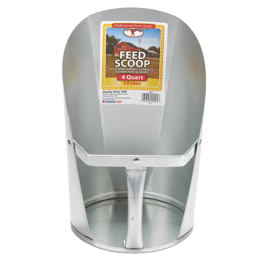 Metal feed scoop with a label on a white background