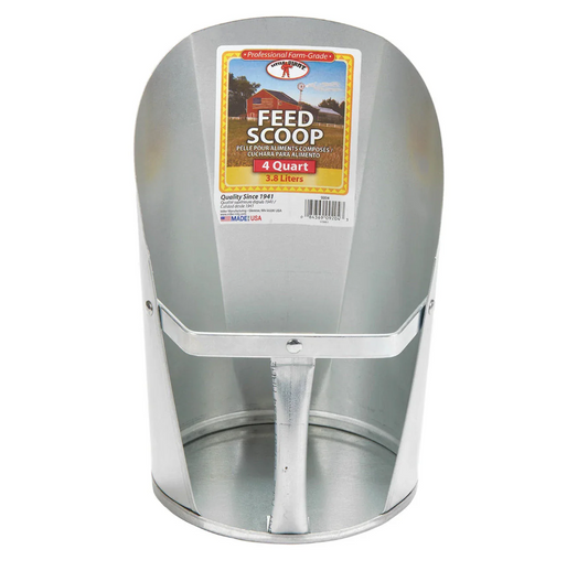 Metal feed scoop with a label on a white background