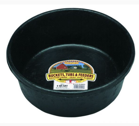 Black rubber feed pan with a label on a white background