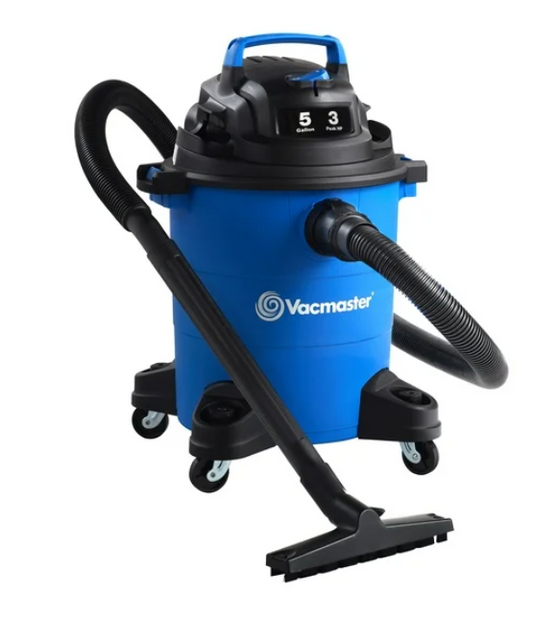 Blue and black wet/dry vacuum cleaner with 'Vacmaster' branding on a white background