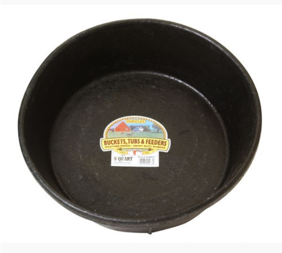 Black rubber feed pan with a label on a white background