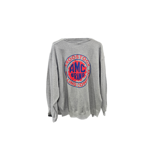 Gray sweatshirt with a red and blue logo on a white background
