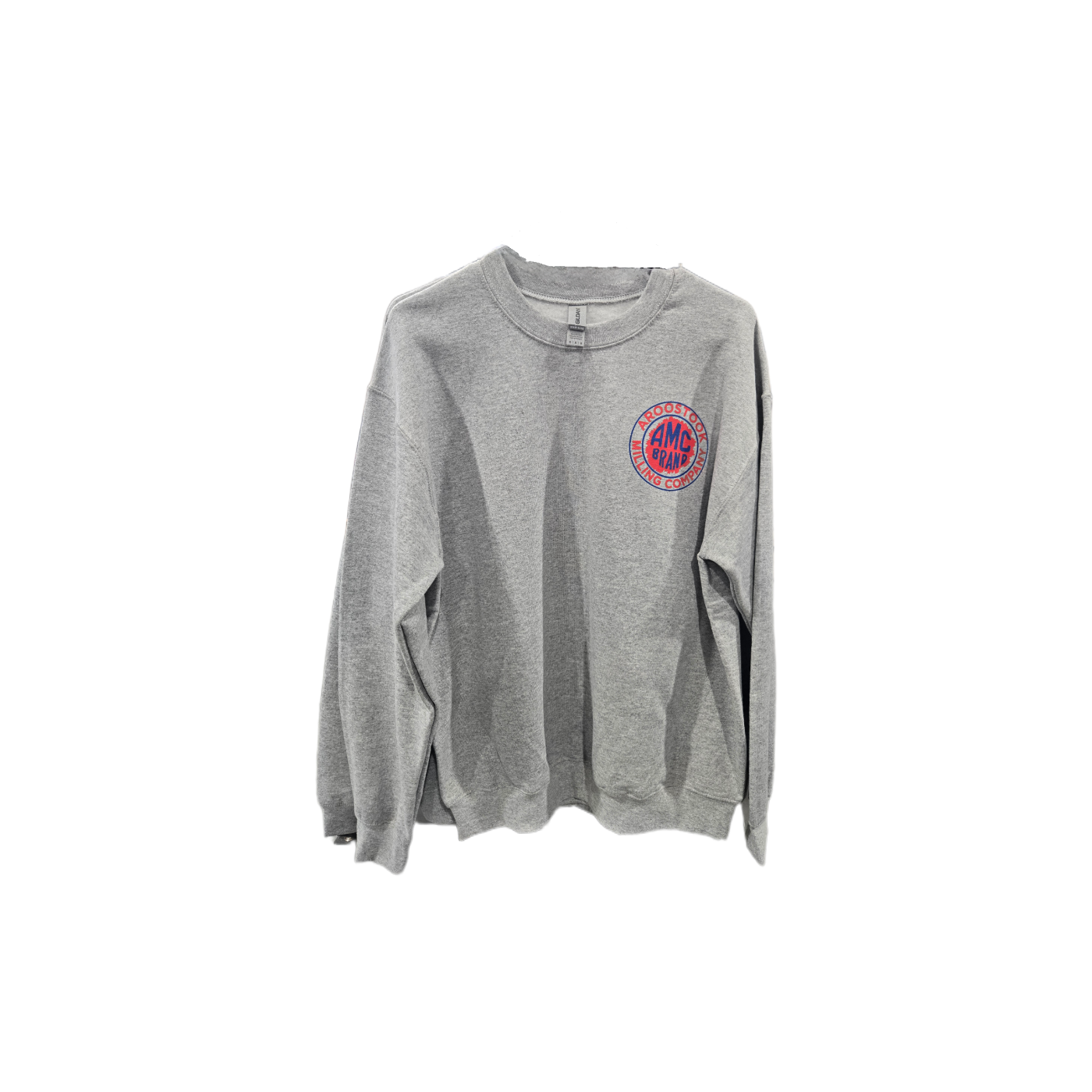 Gray sweatshirt with a logo on the chest against a white background