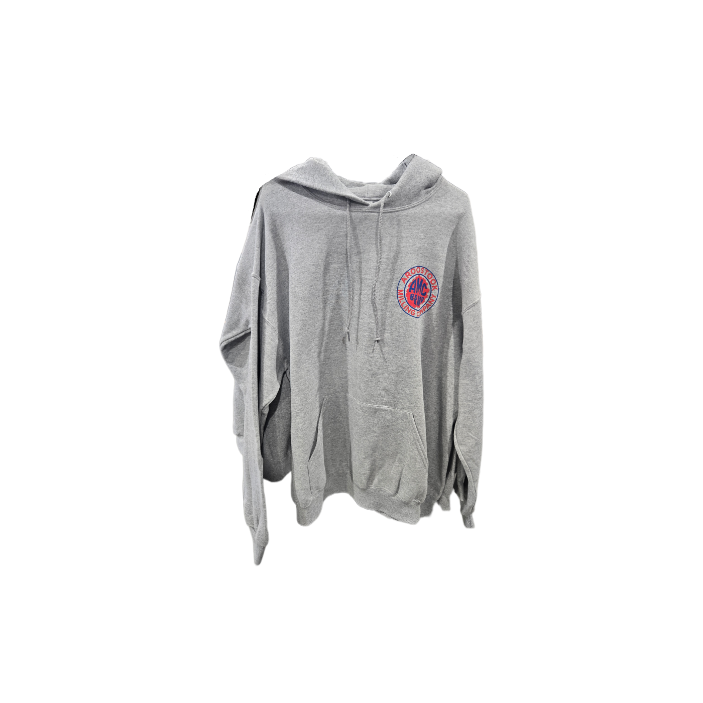 Gray hoodie with a logo on a white background
